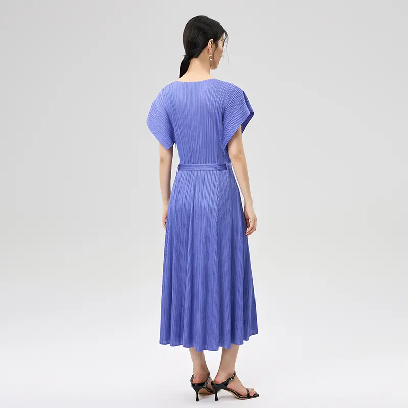 Wholesale Women’s Pleated Belted Midi Dress – Elegant Blue Purple Summer Dress Suppliers, Product