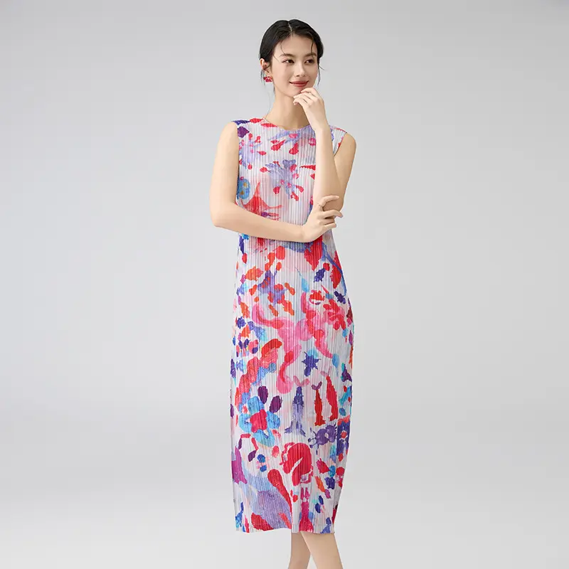 High-Quality Women’s Sleeveless V-Neck Abstract Print Pleated Midi Dress – Lightweight Summer Dress Exporters, Companies