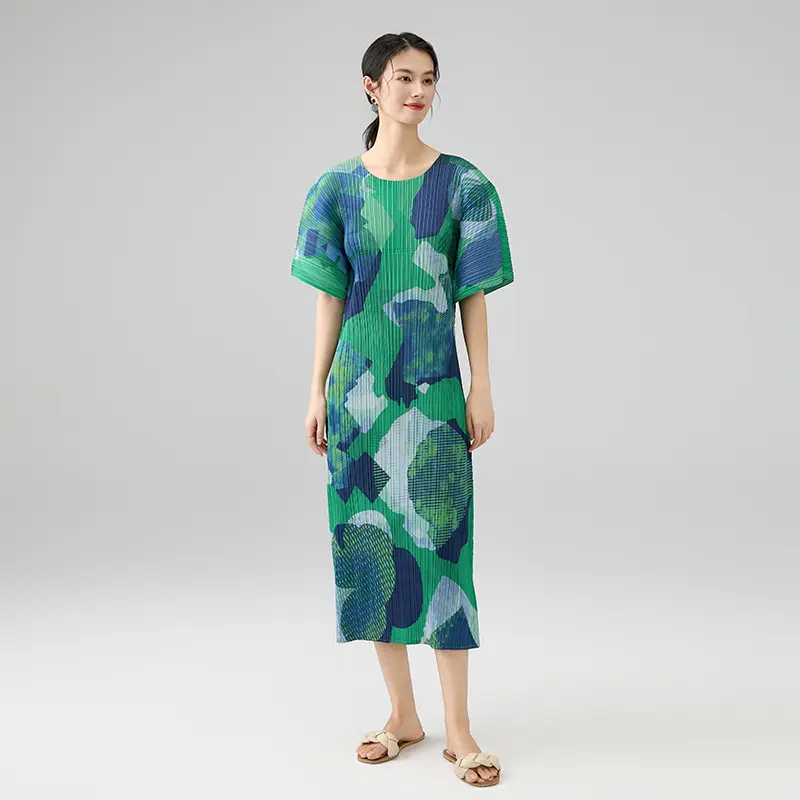 Famous Women's Pleated Midi Dress – Abstract Printed Short Sleeve Loose-Fit Dress Factory, Products
