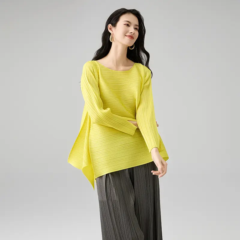 Famous Women’s Pleated Long Sleeve Top – Asymmetrical Hem Blouse in Lemon Yellow Exporters, Service
