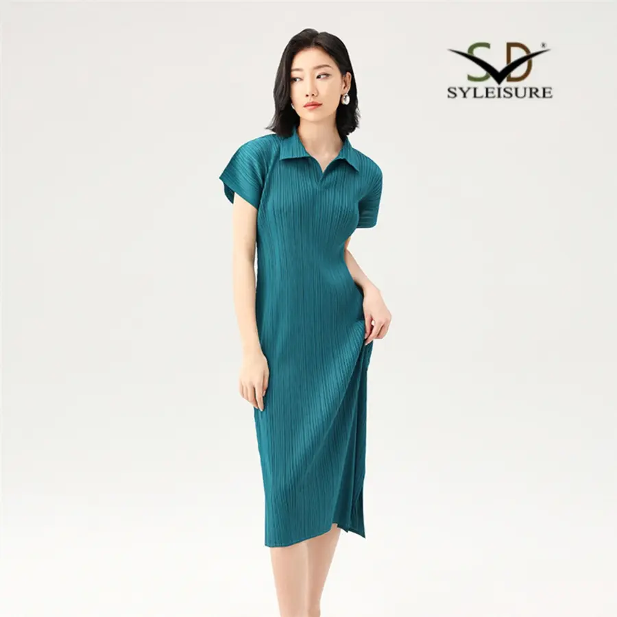 High-Quality Women's Polo Neck Short Sleeve Pleated Slim Fit Midi Dress Company, Product