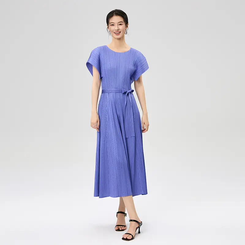 Wholesale Women’s Pleated Belted Midi Dress – Elegant Blue Purple Summer Dress Suppliers, Product