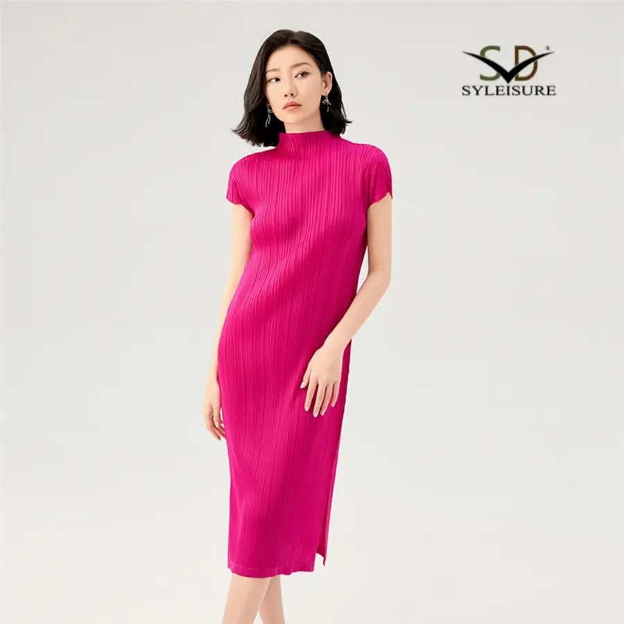 ODM Women's Mock Neck Short Sleeve Pleated Slim Fit Midi Dress Factories, Product