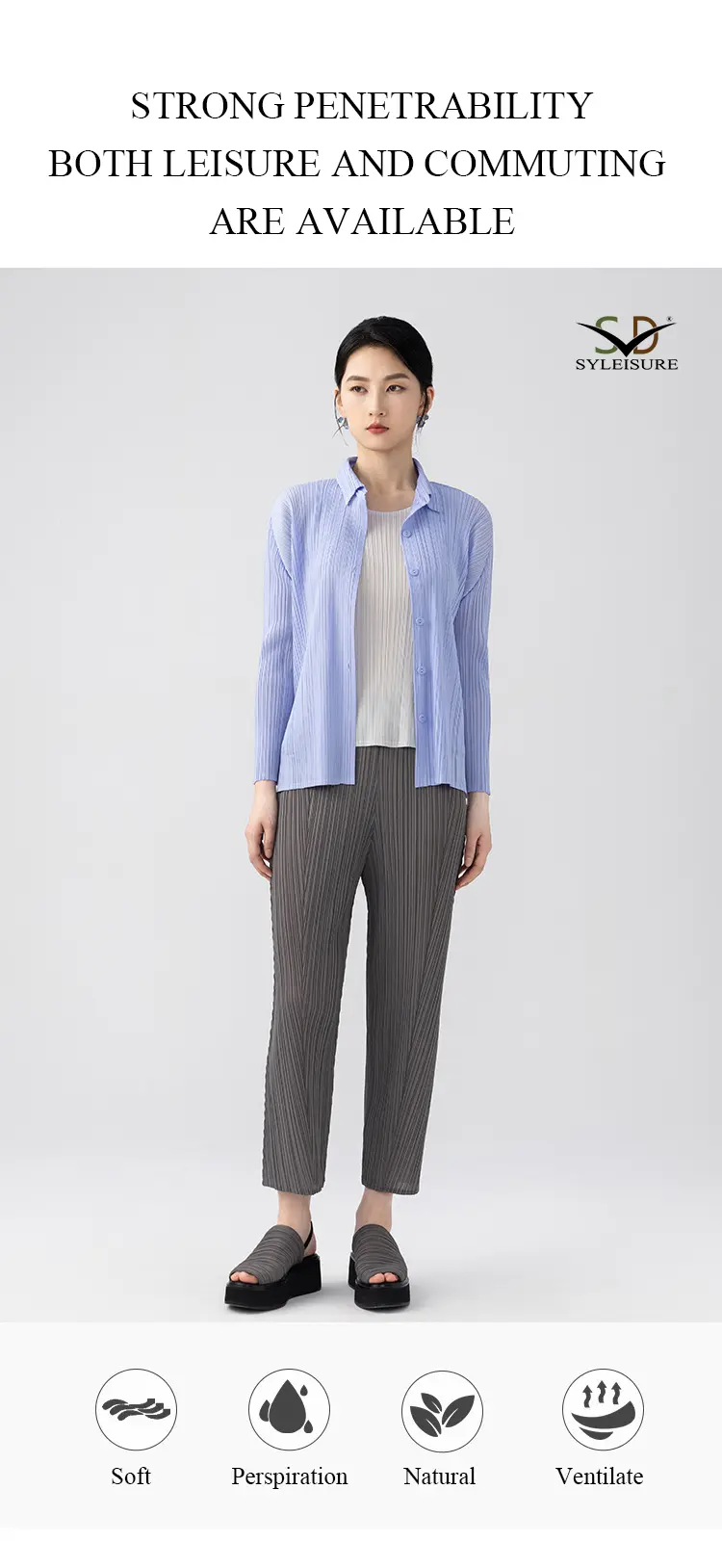 Women's Pleated Long - Sleeve Shirt Detail 3