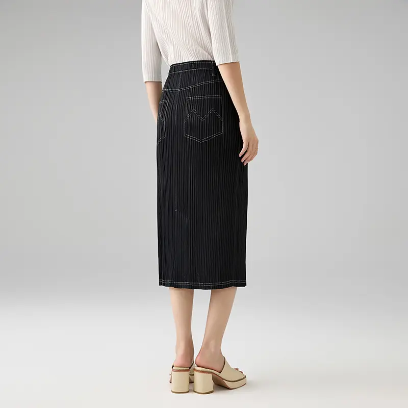 OEM Women’s Pleated Midi Skirt – Elastic Waist Straight Skirt with Pockets Supplier, Factory