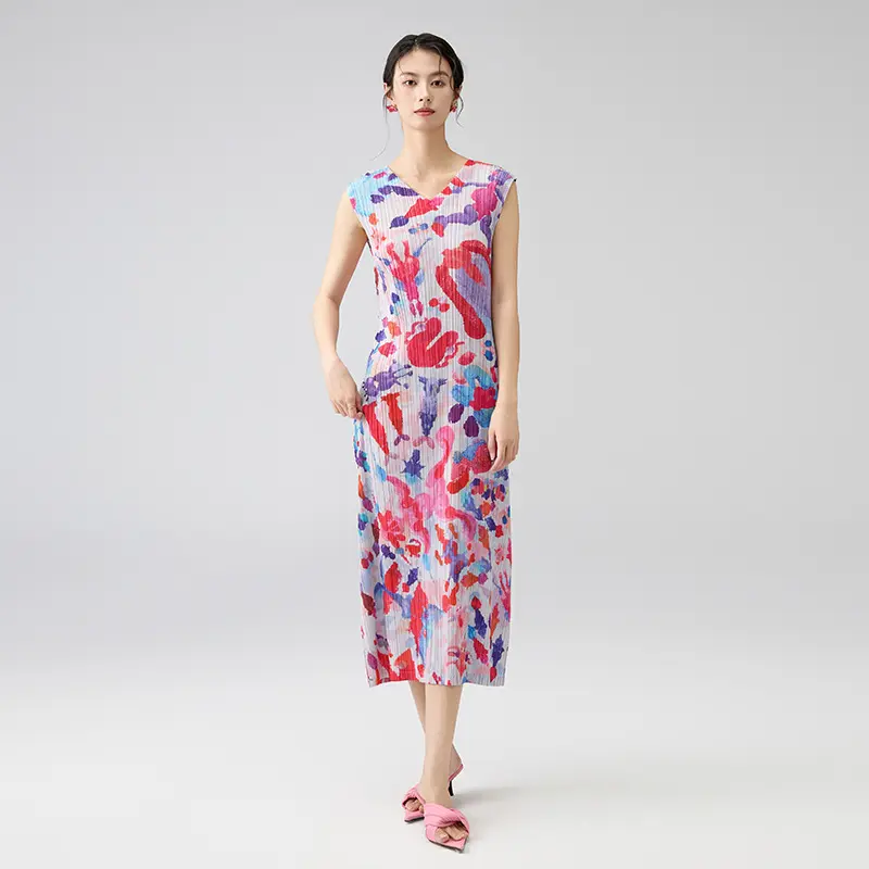 High-Quality Women’s Sleeveless V-Neck Abstract Print Pleated Midi Dress – Lightweight Summer Dress Exporters, Companies