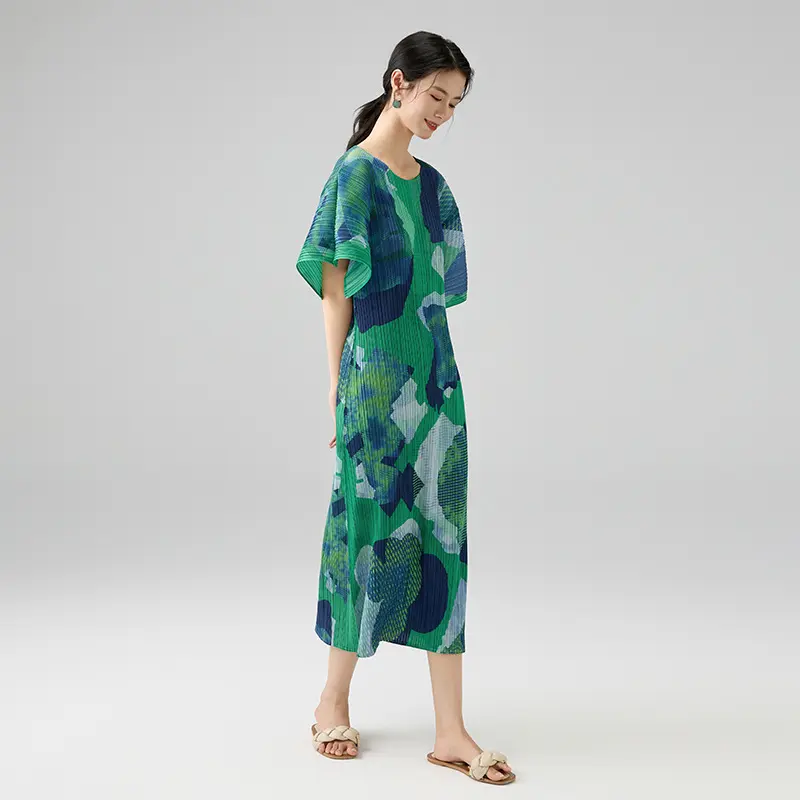 Famous Women's Pleated Midi Dress – Abstract Printed Short Sleeve Loose-Fit Dress Factory, Products