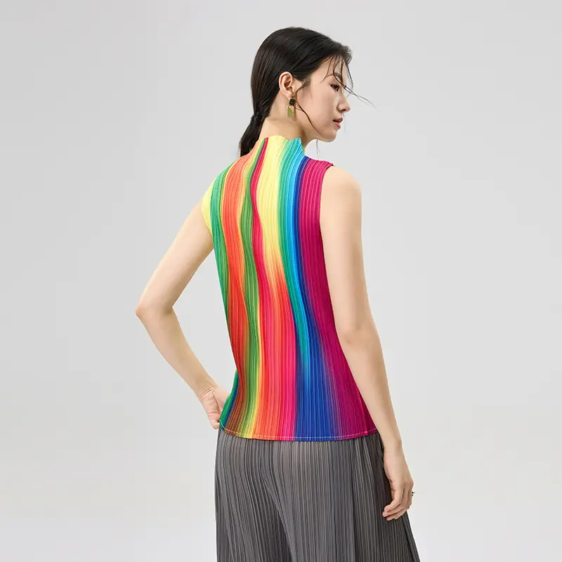 Best Women’s Sleeveless Pleated Top – High Neck Rainbow Striped Blouse Factory, Service