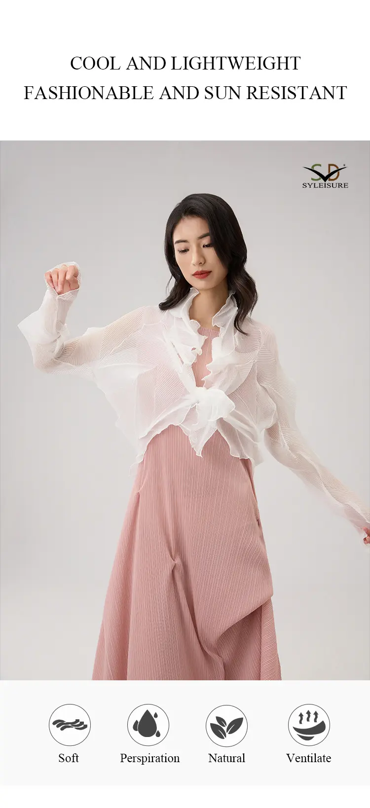 Women's Sheer Pleated Ruffled Shrug Detail 3