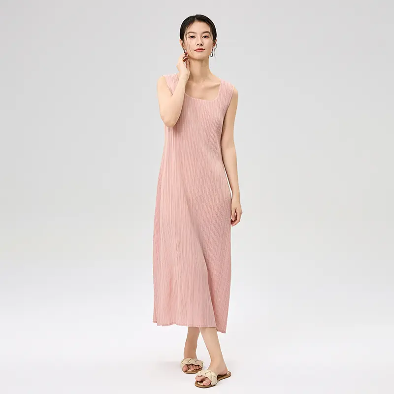 ODM Women’s Pink Sleeveless Pleated Maxi Dress – Lightweight & Elegant Summer Dress Factory, Companies