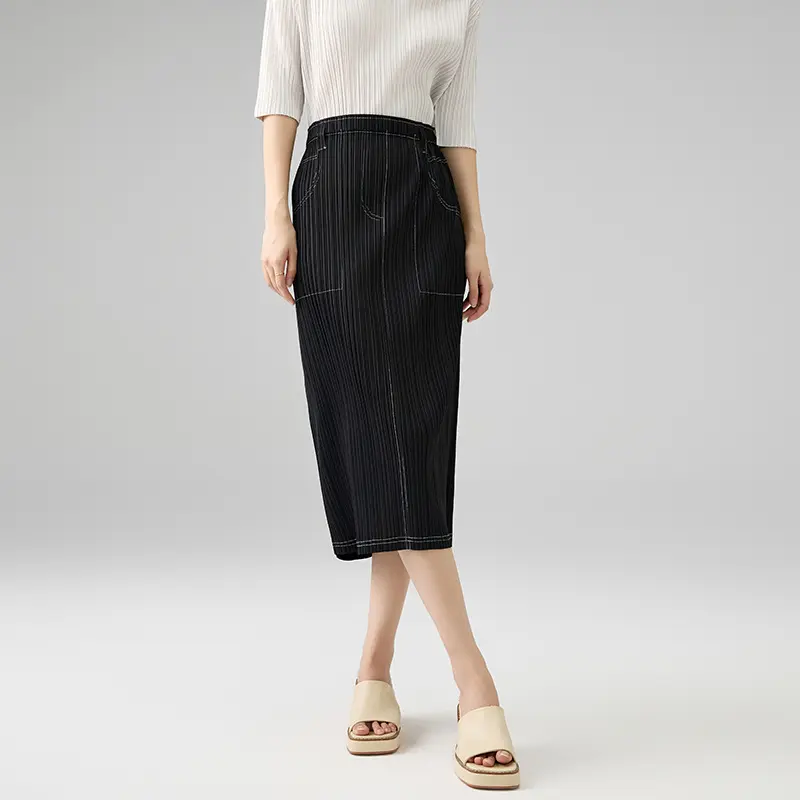 OEM Women’s Pleated Midi Skirt – Elastic Waist Straight Skirt with Pockets Supplier, Factory