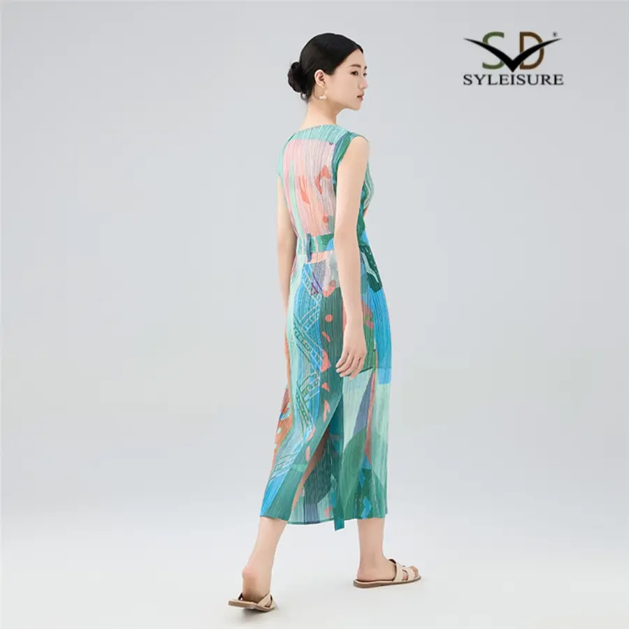 OEM Women's Abstract Print Sleeveless Midi Dress – Colorful Pleated Summer Dress Factories, Exporter