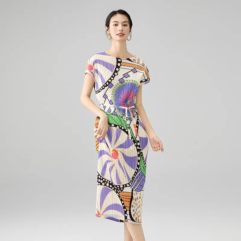 Best Women’s Abstract Print Pleated Midi Dress with Waist Tie – Short Sleeve Artistic Pattern Dress Manufacturers, Factory