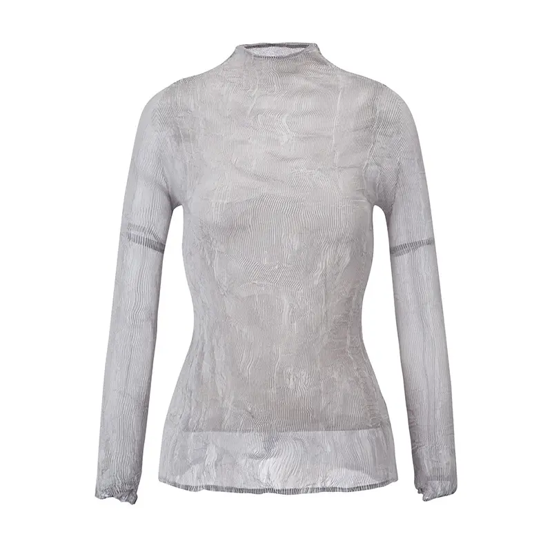 China Women’s High Neck Pleated Slim Fit Top – Long Sleeve Lightweight Blouse Factories, Product