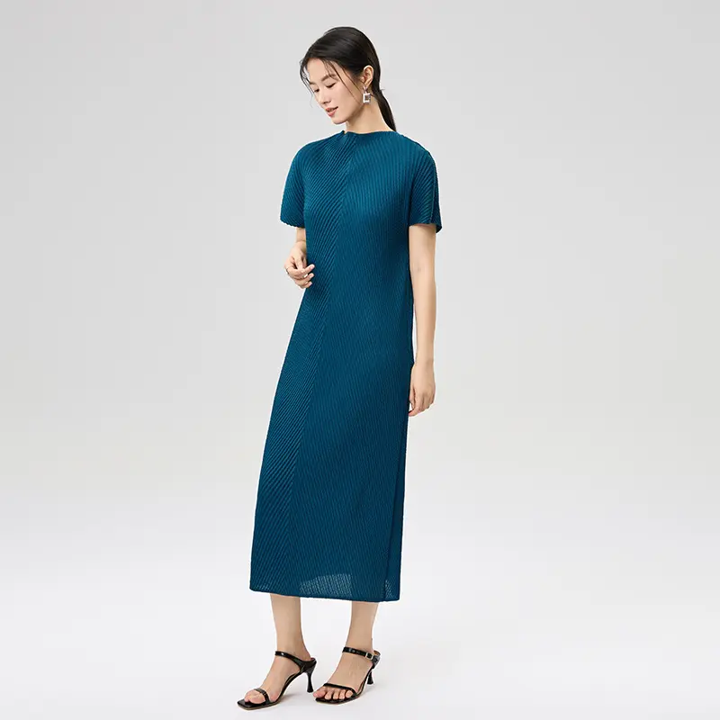 China Women’s Dark Blue Pleated Midi Dress – Minimalist Elegant Summer Dress Factories, Exporters