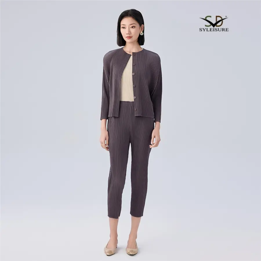 ODM Women's Round Neck Three - Quarter Sleeve Pleated Cardigan, Top and Pants Set Suppliers, Factory