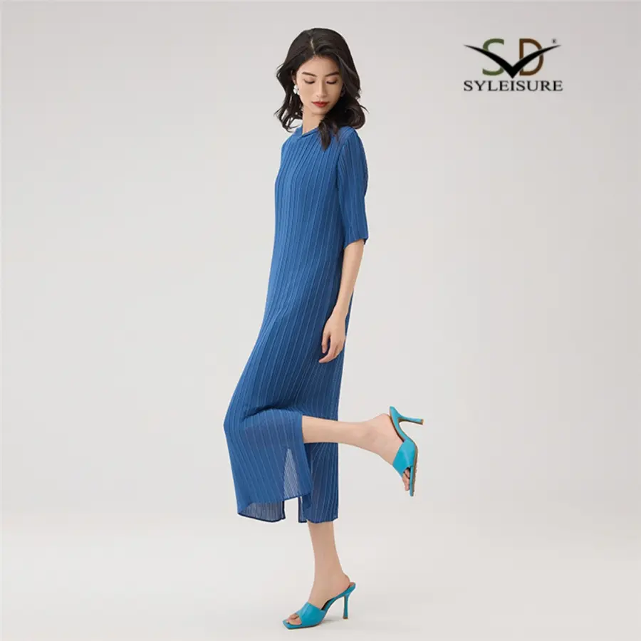 China Women's Casual Blue Hooded Pleated Midi Dress – Loose Fit Summer Outfit Manufacturers, Product