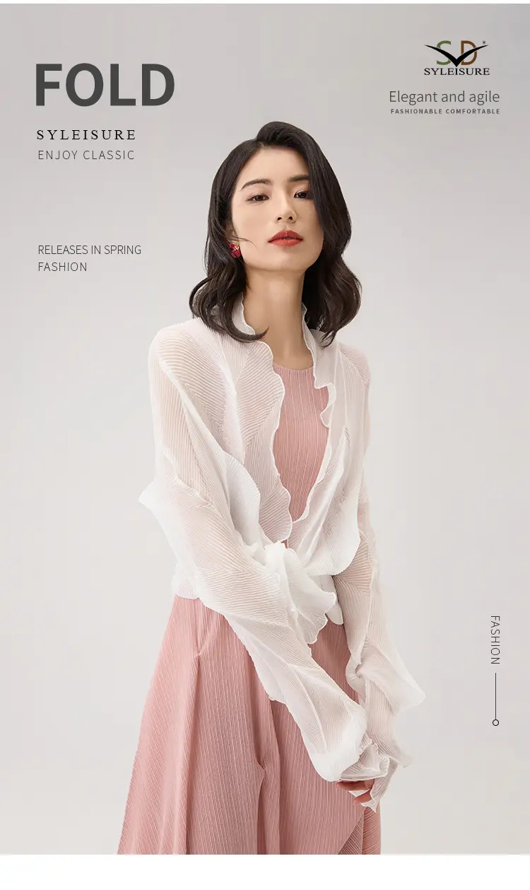 Women's Sheer Pleated Ruffled Shrug Detail 1