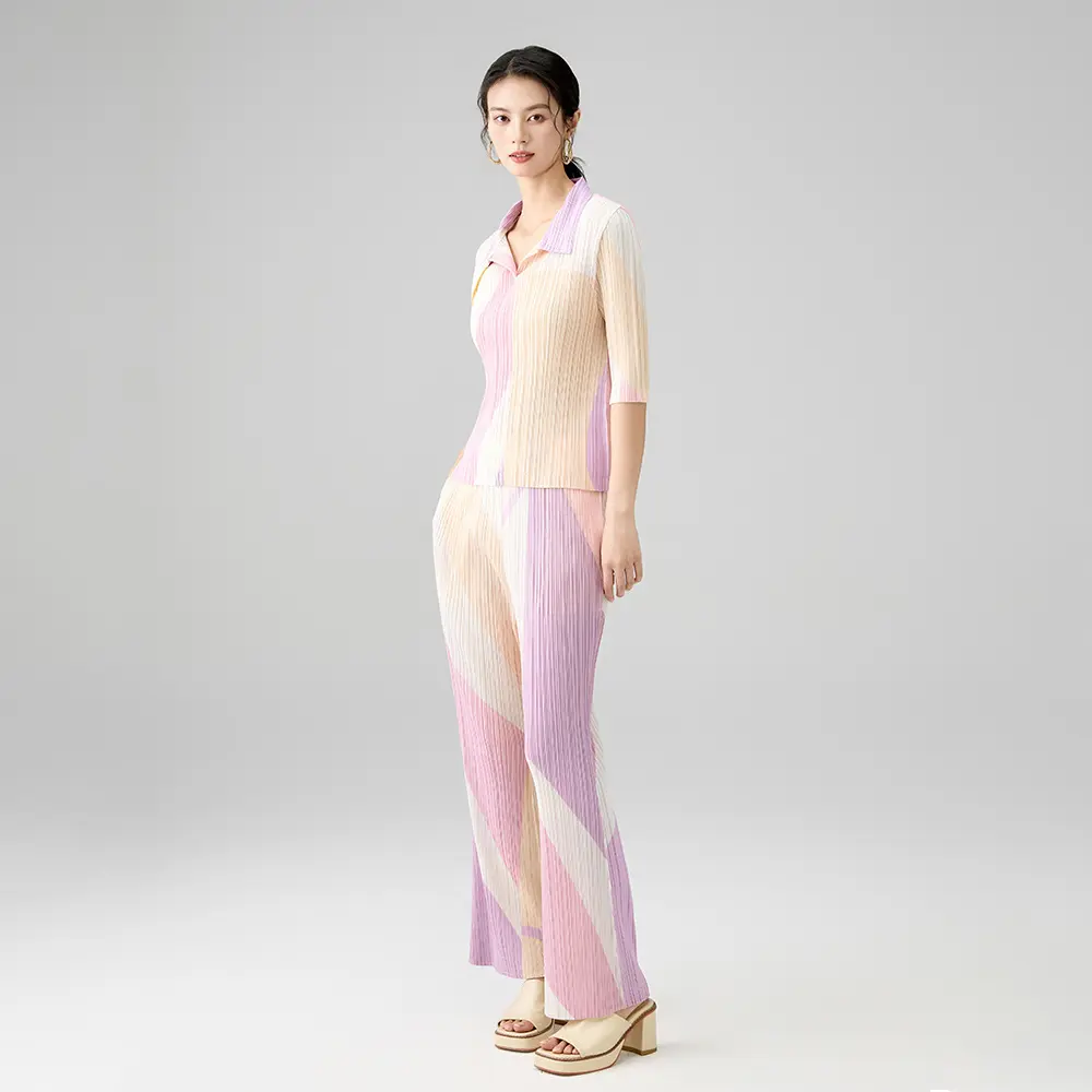 ODM Women’s Colorblock Pleated Top and Pants Set – Lightweight Stretchy Two-Piece Outfit Factories, Service