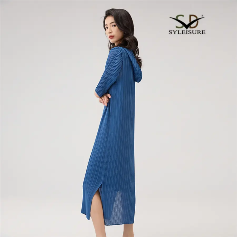 China Women's Casual Blue Hooded Pleated Midi Dress – Loose Fit Summer Outfit Manufacturers, Product