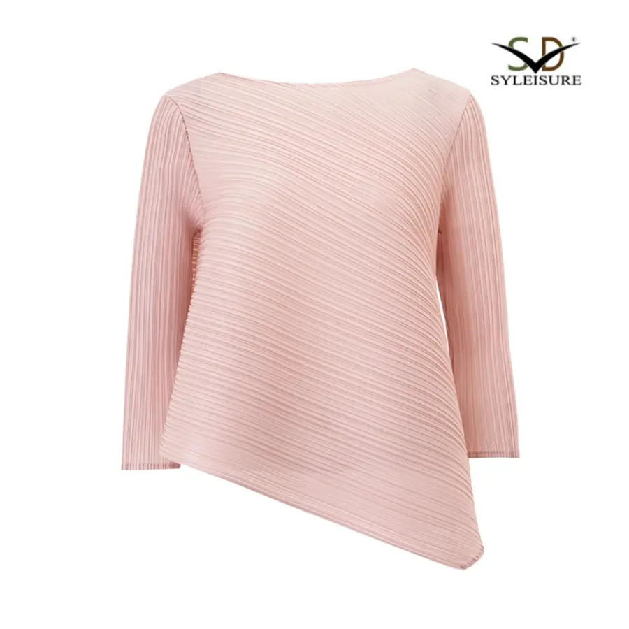 Famous Women's Boat Neck Three - Quarter Sleeve Pleated Asymmetric Top Suppliers, Exporters