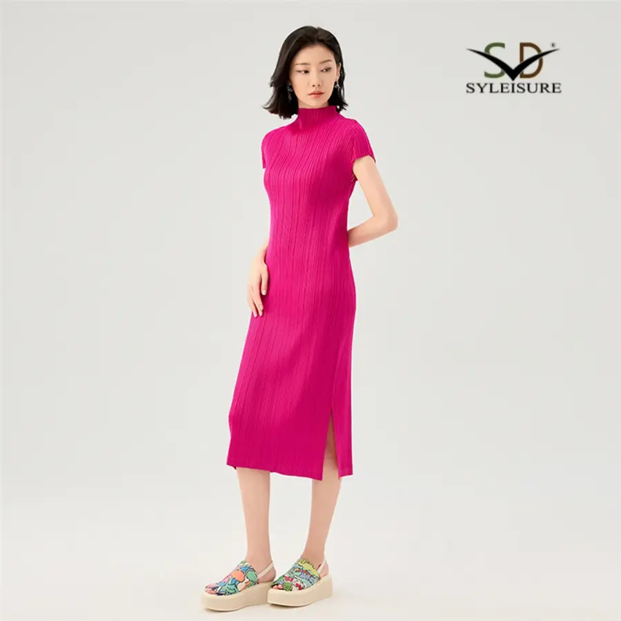 ODM Women's Mock Neck Short Sleeve Pleated Slim Fit Midi Dress Factories, Product