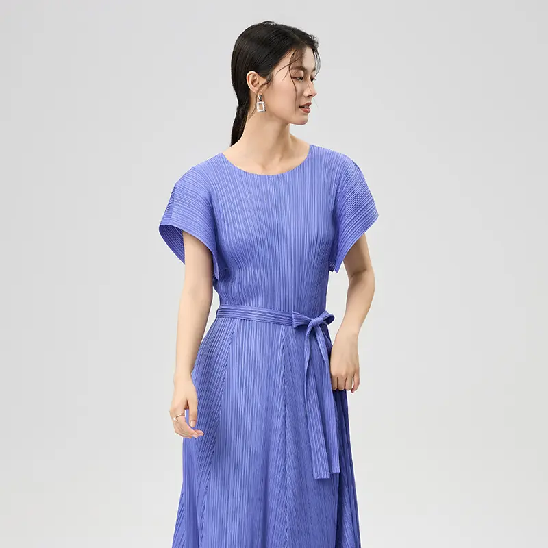 Wholesale Women’s Pleated Belted Midi Dress – Elegant Blue Purple Summer Dress Suppliers, Product