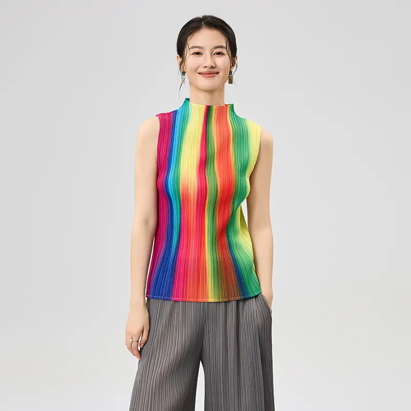 Best Women’s Sleeveless Pleated Top – High Neck Rainbow Striped Blouse Factory, Service