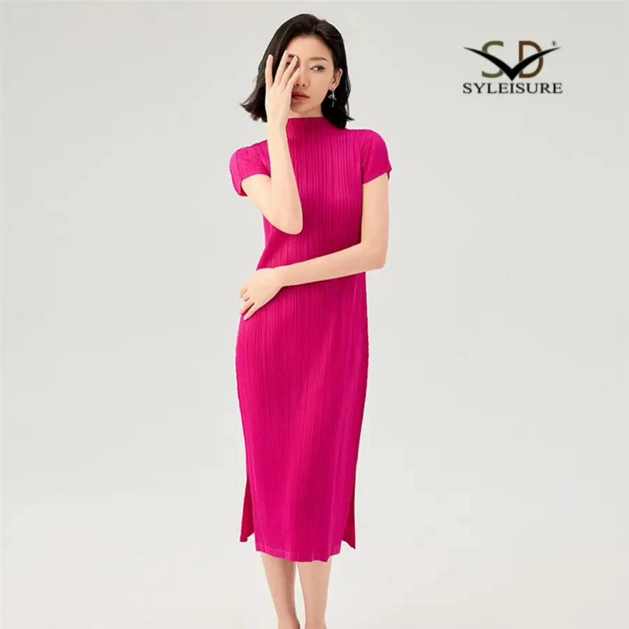 ODM Women's Mock Neck Short Sleeve Pleated Slim Fit Midi Dress Factories, Product