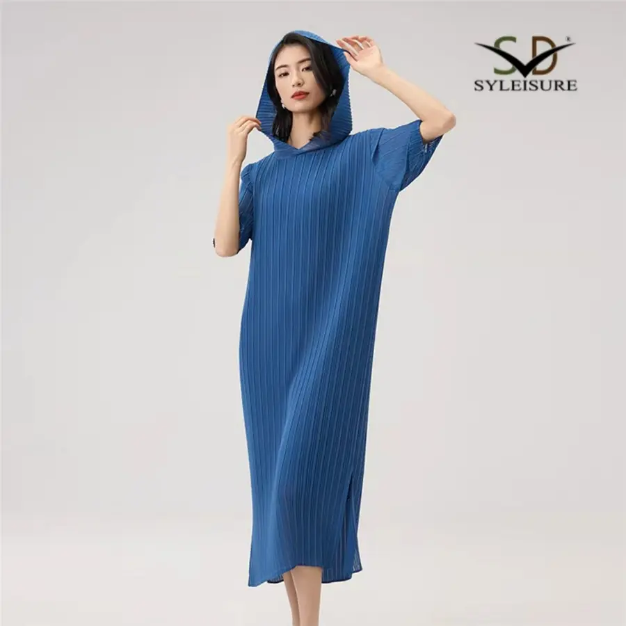 China Women's Casual Blue Hooded Pleated Midi Dress – Loose Fit Summer Outfit Manufacturers, Product