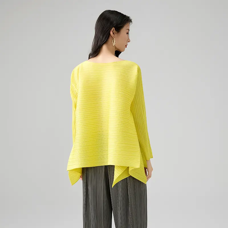 Famous Women’s Pleated Long Sleeve Top – Asymmetrical Hem Blouse in Lemon Yellow Exporters, Service