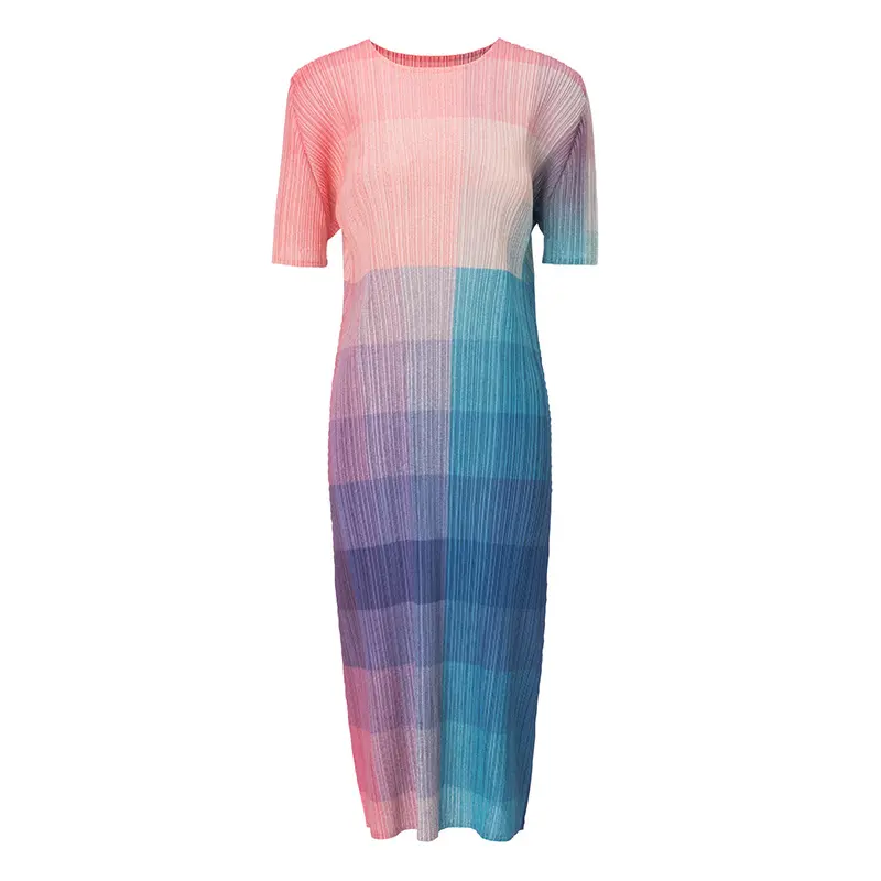 OEM Women’s Gradient Color Pleated Midi Dress with Short Sleeves – Stylish & Comfortable Factories, Service