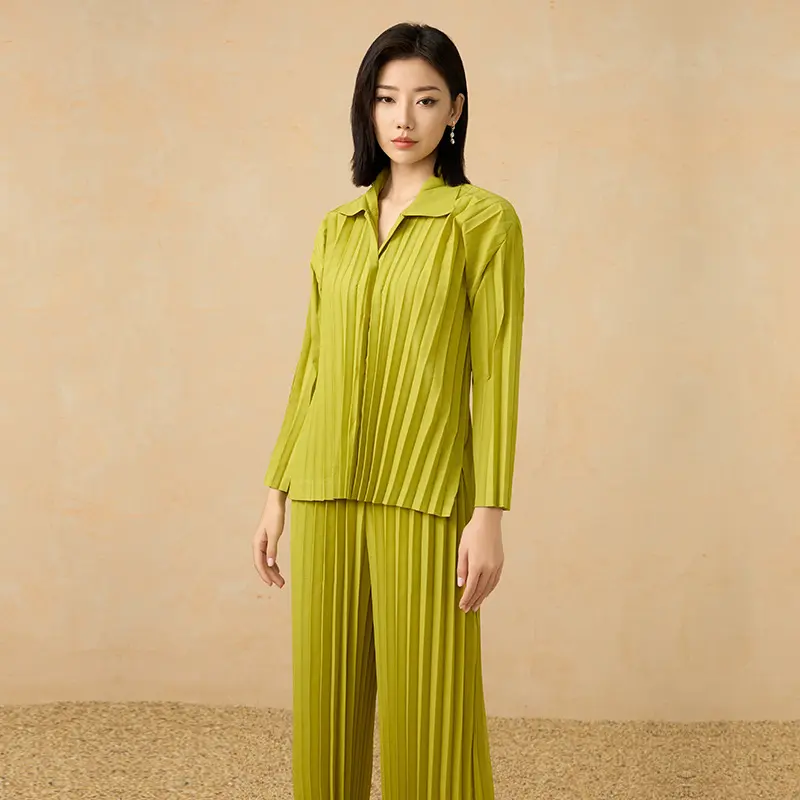 China Women's Pleated Two-Piece Set – Shirt and Wide-Leg Pants Suppliers, Product