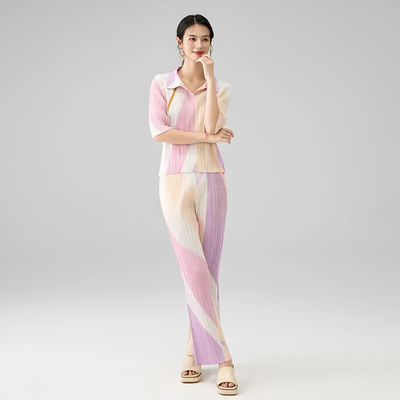 ODM Women’s Colorblock Pleated Top and Pants Set – Lightweight Stretchy Two-Piece Outfit Factories, Service