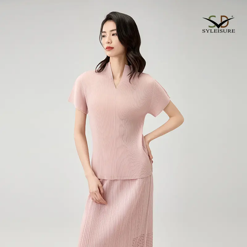 High-Quality Women's Pleated Short - Sleeve V - Neck Top Suppliers, Products