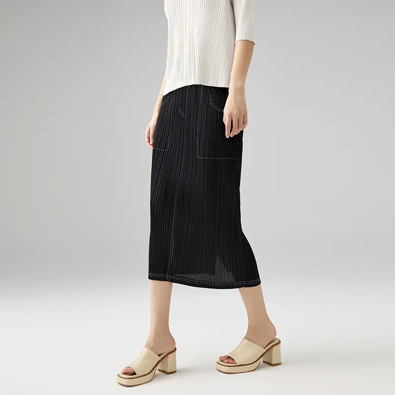 OEM Women’s Pleated Midi Skirt – Elastic Waist Straight Skirt with Pockets Supplier, Factory