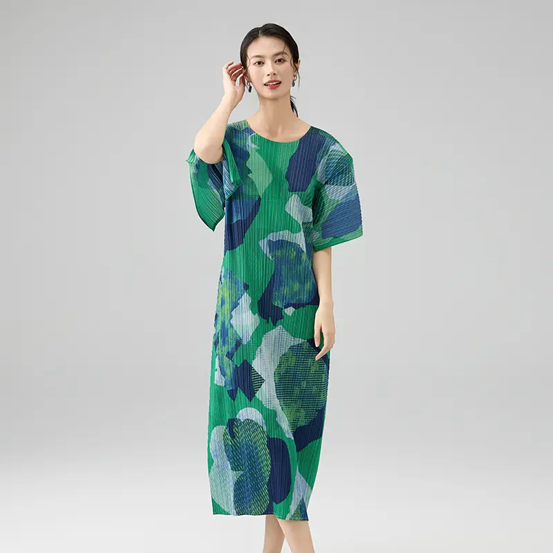 Famous Women's Pleated Midi Dress – Abstract Printed Short Sleeve Loose-Fit Dress Factory, Products