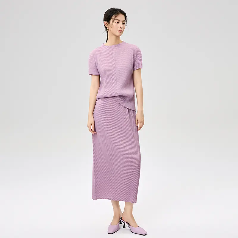 OEM Women’s Pleated Short Sleeve Top and Midi Skirt Set – Lightweight Two-Piece Outfit Exporter, Service