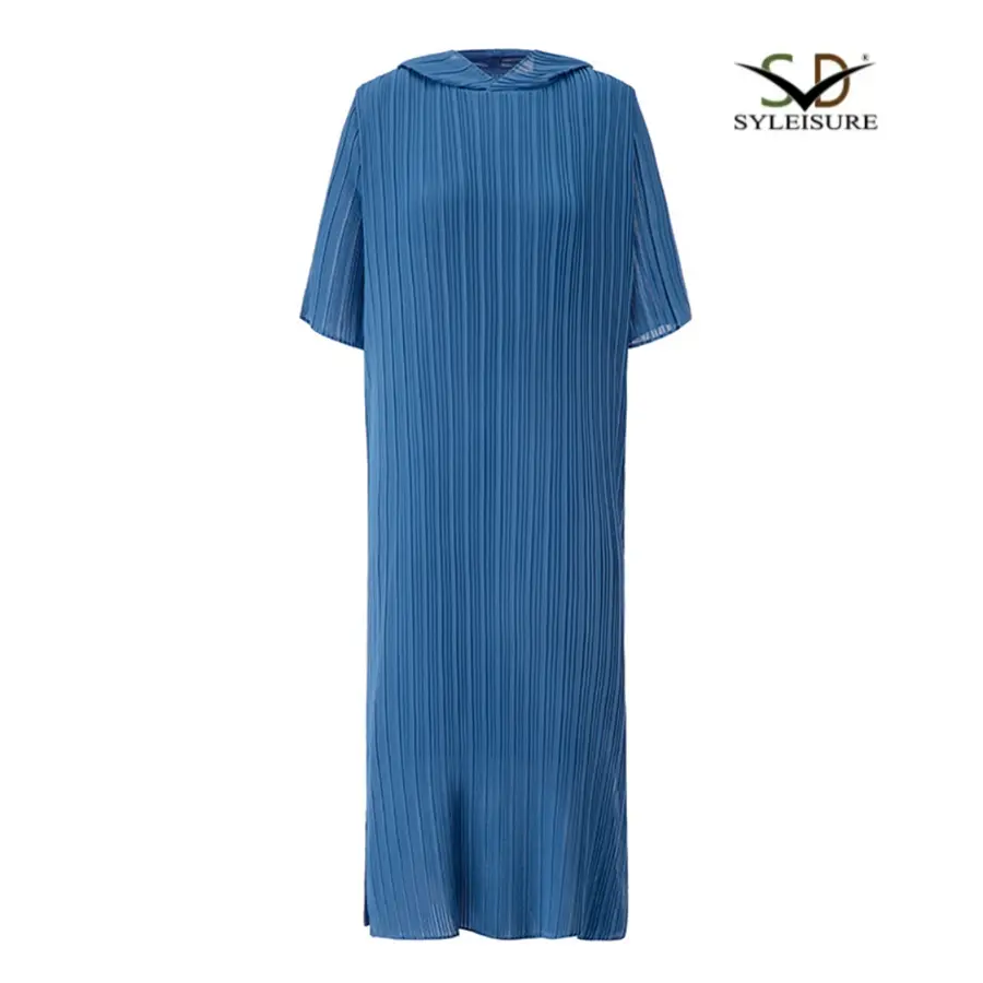 China Women's Casual Blue Hooded Pleated Midi Dress – Loose Fit Summer Outfit Manufacturers, Product