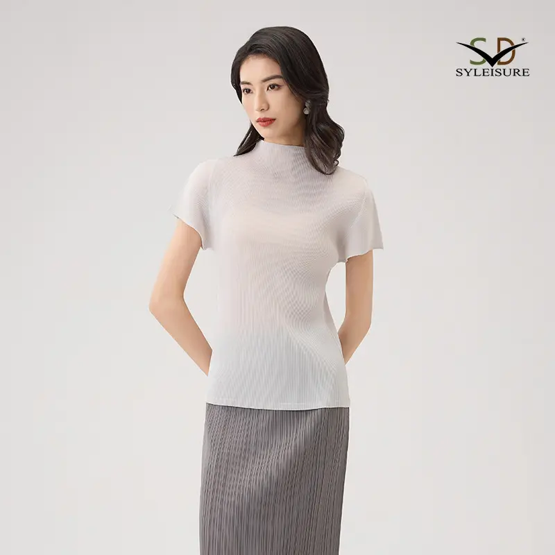 Custom Women's Pleated Short - Sleeve Mock Neck Top Manufacturers, Service