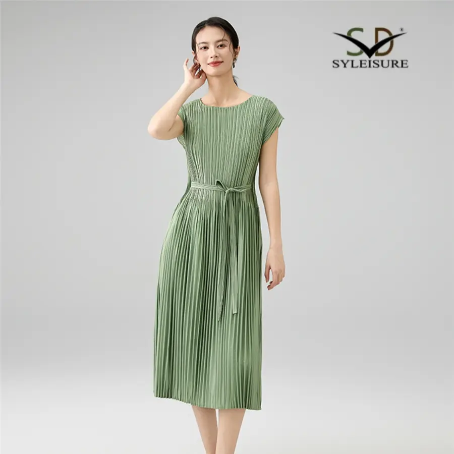 High-Quality Women's Elegant Green Pleated Midi Dress – Short Sleeve Belted Dress Product, Products