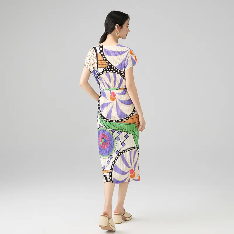 Best Women’s Abstract Print Pleated Midi Dress with Waist Tie – Short Sleeve Artistic Pattern Dress Manufacturers, Factory