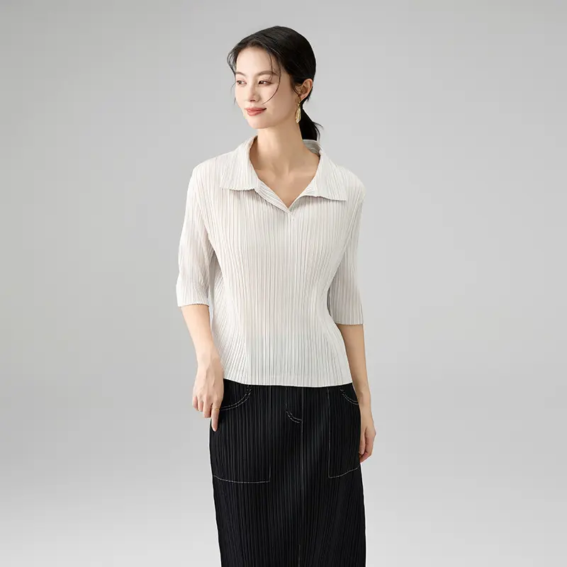 High-Quality Women’s Pleated Blouse – Collared Half-Sleeve Slim Fit Top Manufacturers, Service