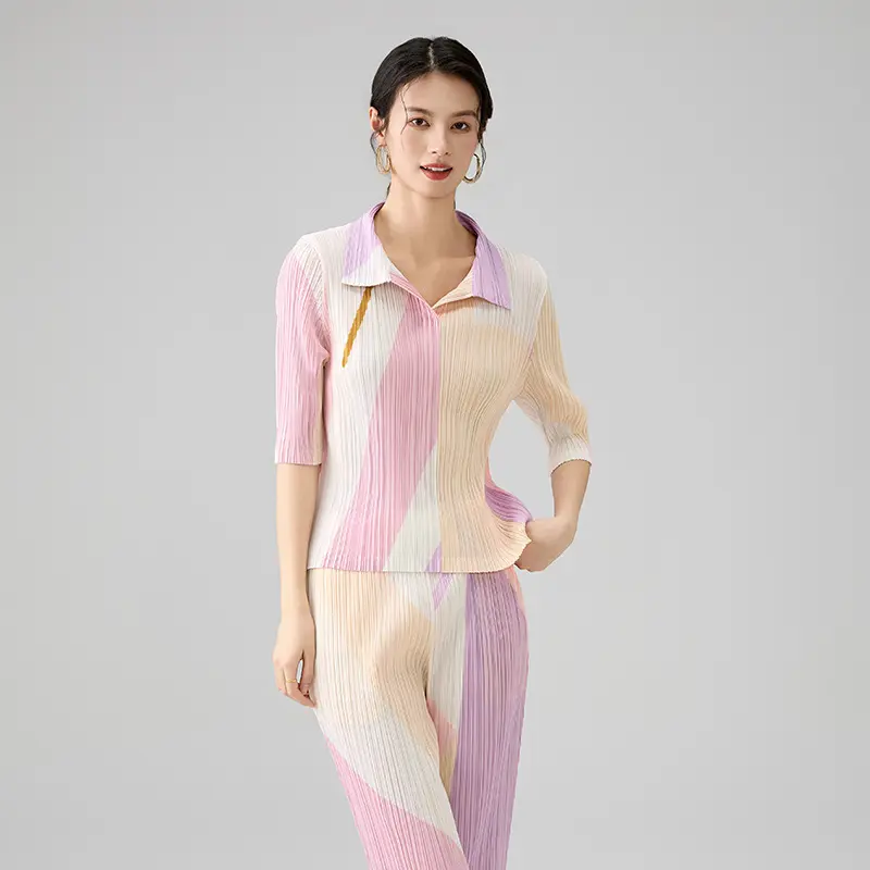 ODM Women’s Colorblock Pleated Top and Pants Set – Lightweight Stretchy Two-Piece Outfit Factories, Service
