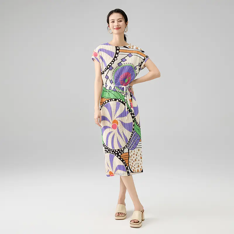 Best Women’s Abstract Print Pleated Midi Dress with Waist Tie – Short Sleeve Artistic Pattern Dress Manufacturers, Factory