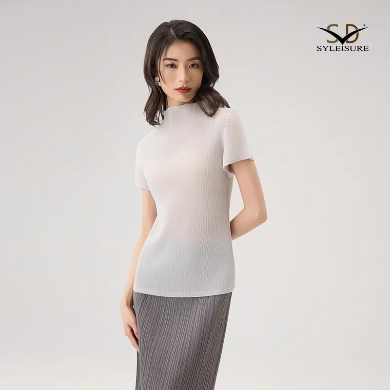 Custom Women's Pleated Short - Sleeve Mock Neck Top Manufacturers, Service