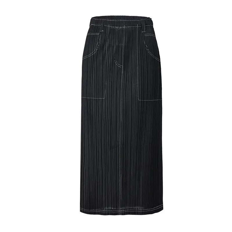 OEM Women’s Pleated Midi Skirt – Elastic Waist Straight Skirt with Pockets Supplier, Factory