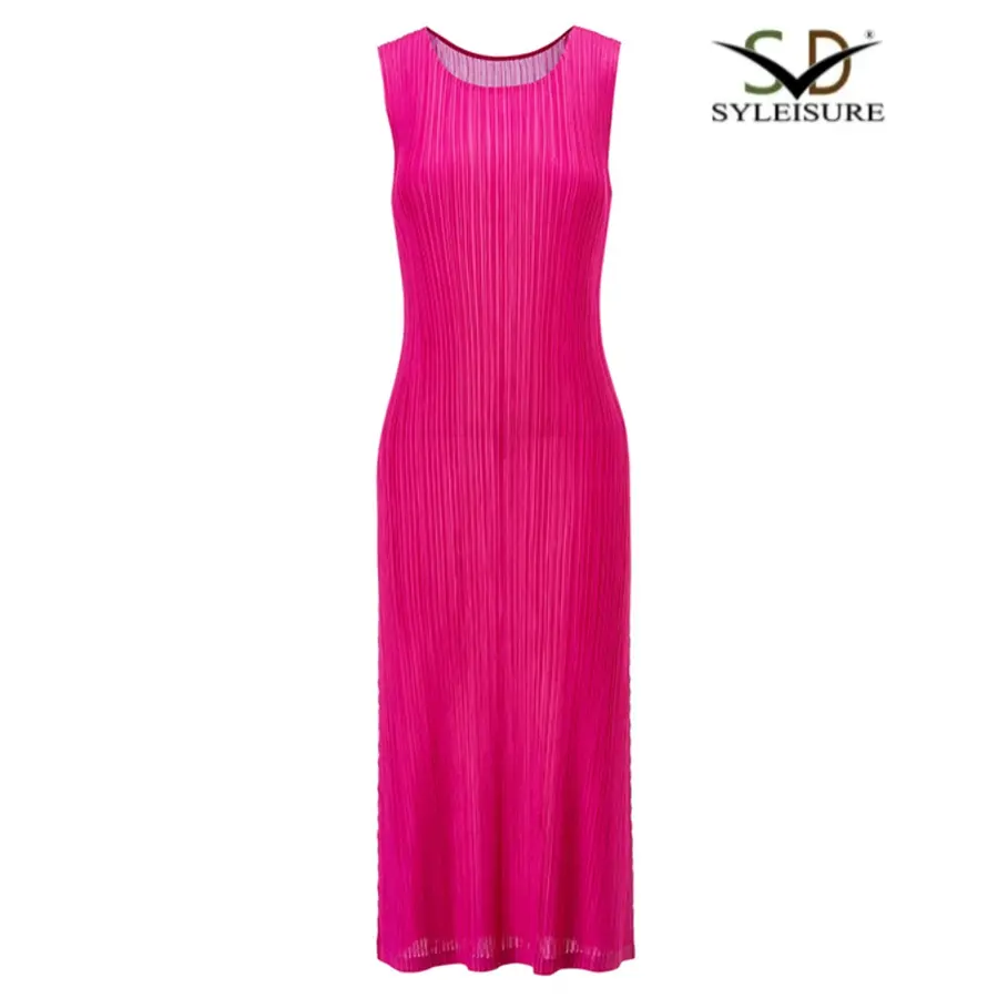 Best Women's Round Neck Sleeveless Pleated Slim Fit Midi Dress Company, Product