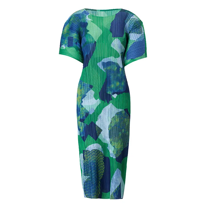 Famous Women's Pleated Midi Dress – Abstract Printed Short Sleeve Loose-Fit Dress Factory, Products