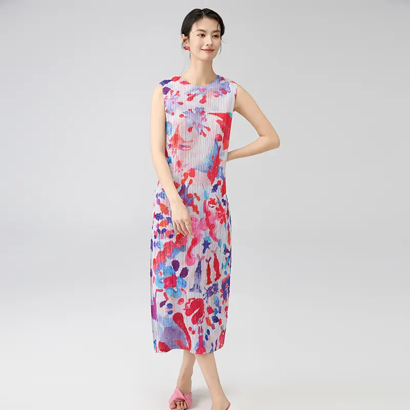 High-Quality Women’s Sleeveless V-Neck Abstract Print Pleated Midi Dress – Lightweight Summer Dress Exporters, Companies